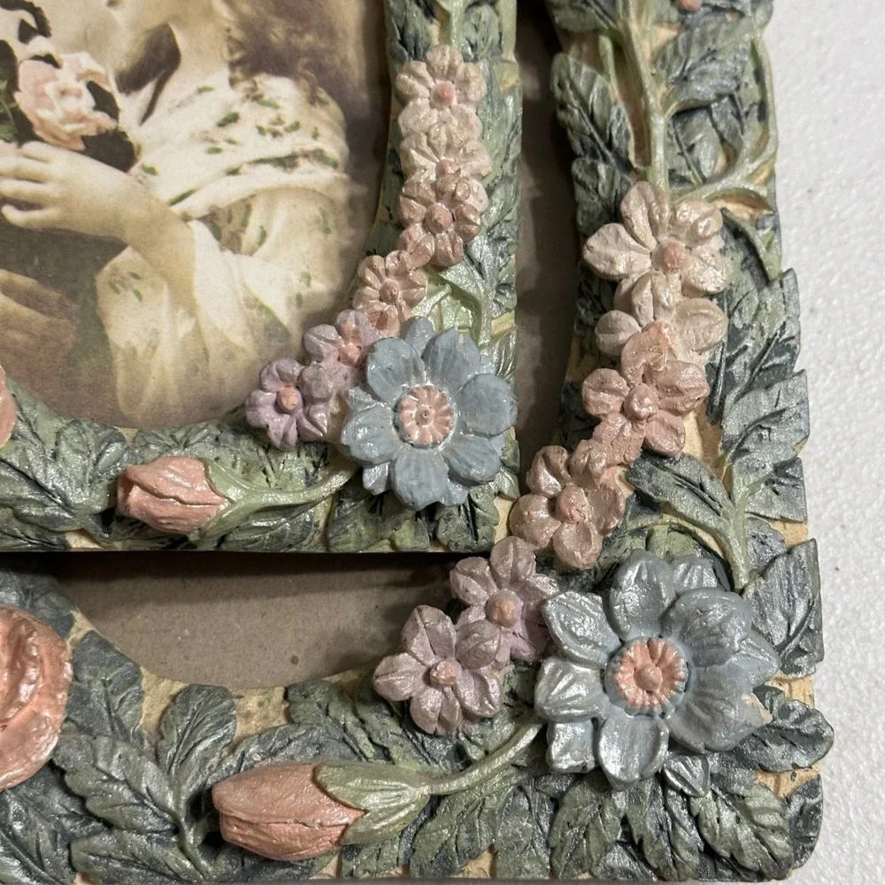 Vintage Floral Resin Picture Frame Set 3D Dimensional Rose Leaf Victorian Design